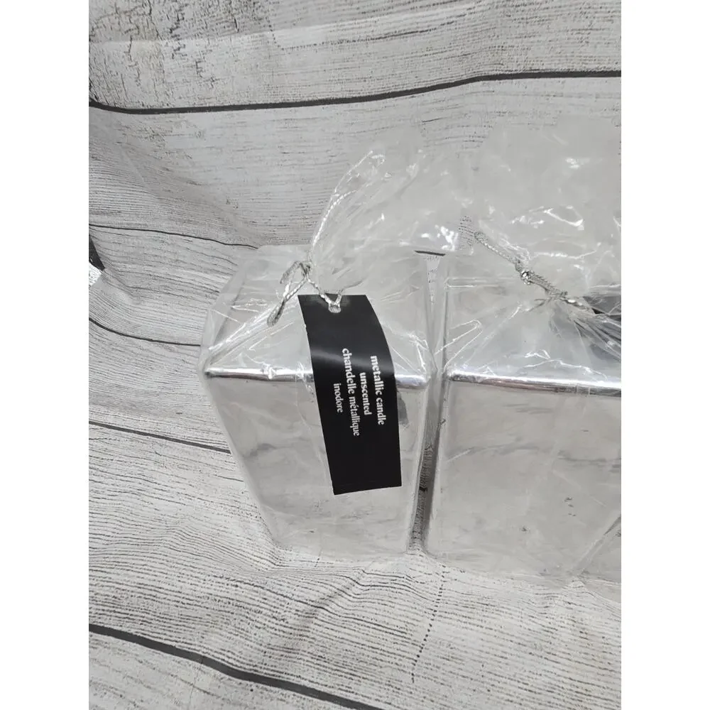 PIER 1 IMPORTS 2 UNSCENTED CANDLES METALLIC SILVER SQUARE 3 X 3 X 6